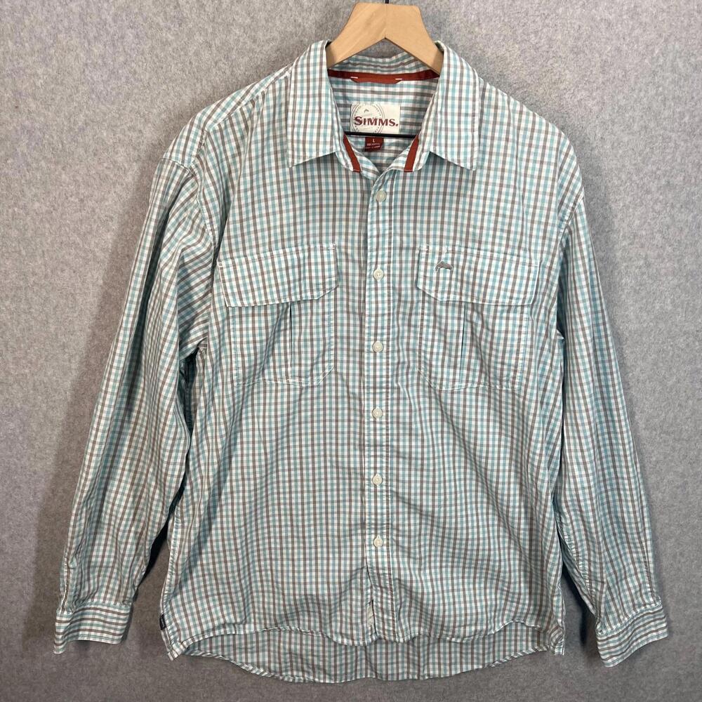 SIMMS Fishing Button-Up‎ Shirt Mens L Blue Plaid Technical UV L/S EUC